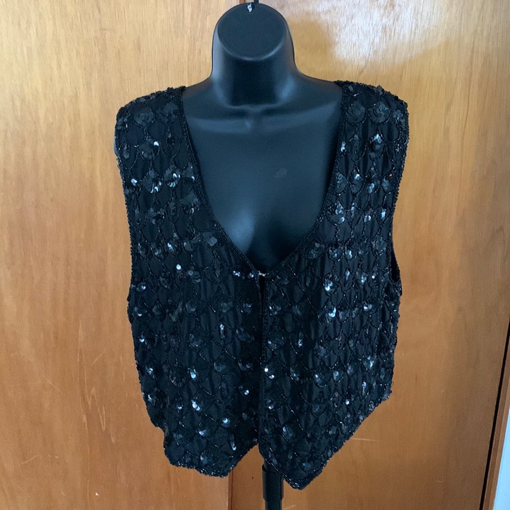 Vintage black beaded/sequined silk short vest tag reads SzS but can fit L/38 B